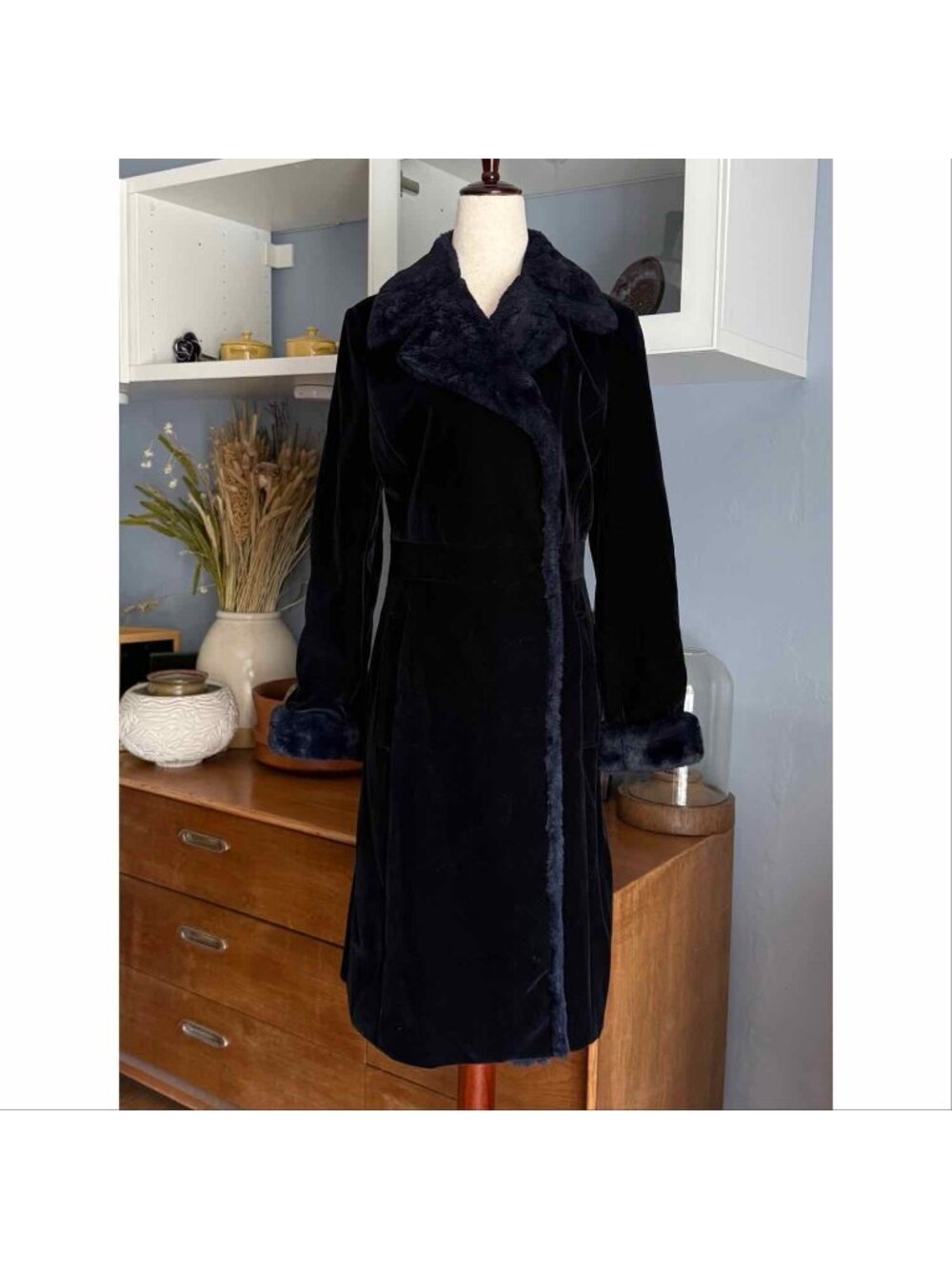 VINTAGE Michiko Koshino Faux Fur Velvet Coat  Japanese Navy Blue Size 38